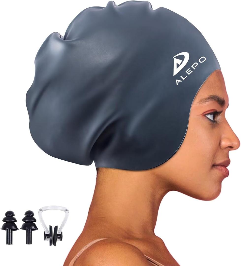 Alepo Extra Large Swim Cap for Women Men, Durable Silicone Swimming Hat with Ear Protection, Unisex Adults Bath Swimming Caps for Long Thick Curly Hair & Dreadlocks Braids Weaves Afro Hair (Dark Gray)