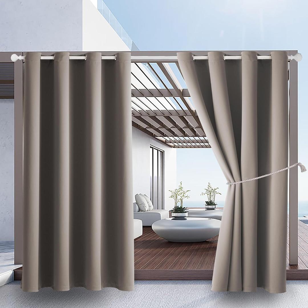 Waterproof Outdoor Curtain W52 x L63 - Grommet Top Sunlight Blocking Window Treatment Drapes Blackout Curtains for Home Bedroom Living Room Outdoor Patio Porch Pergola (Taupe, 2 Panels)