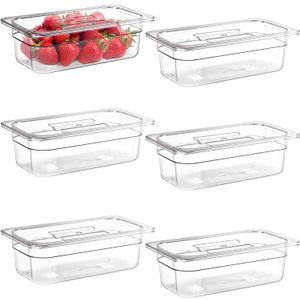 Bekith 6 Pack Plastic Clear Food Pans with Lids, 1/3 Size 4 Inch Deep Stackable Commercial Polycarbonate Pans for Kitchen Restaurant Food Prep, Freezer-Safe