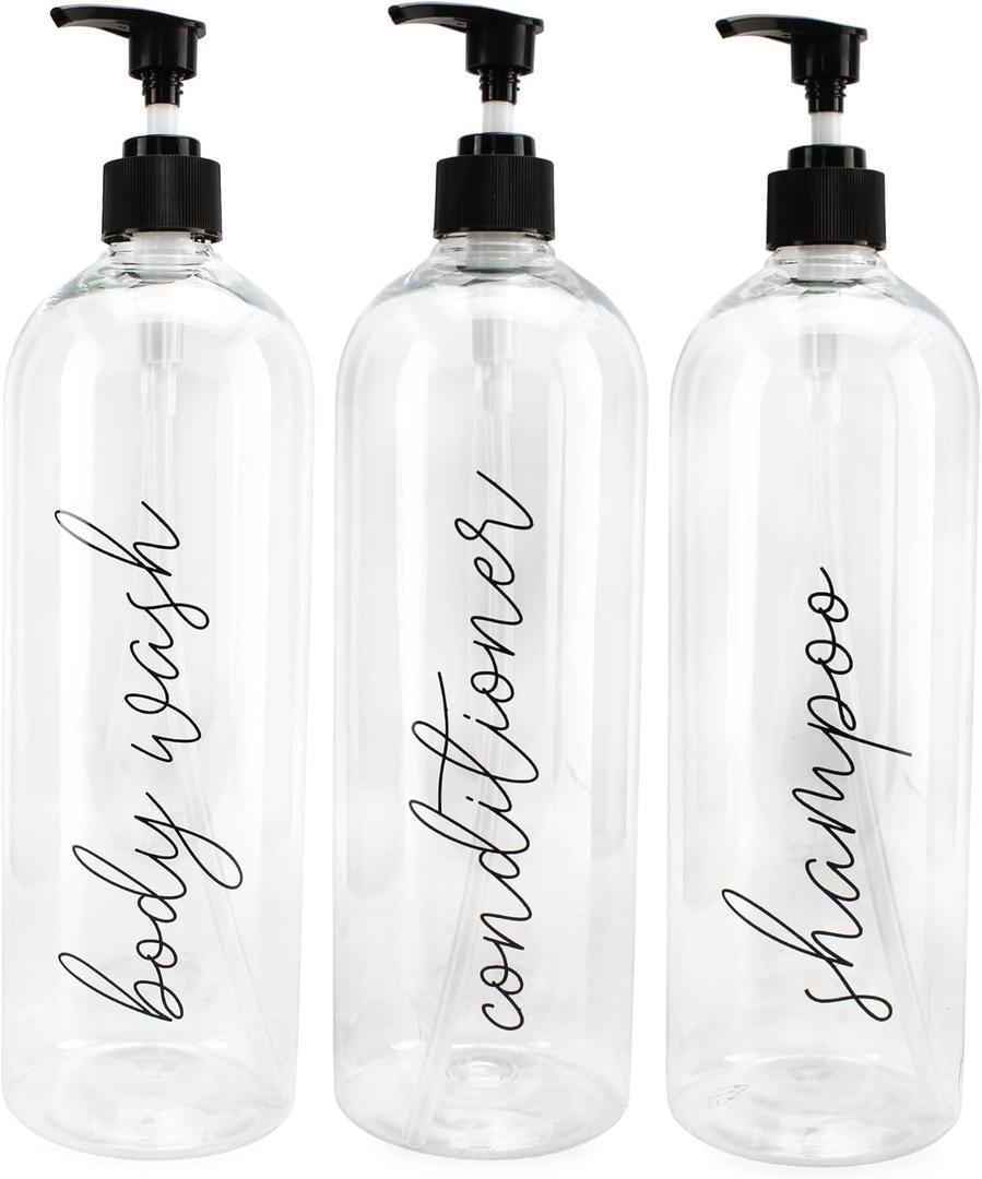 Cornucopia Brands Shower Pump Bottles (Set of 3); 32oz Pump Dispensers for Shampoo, Conditioner, and Body Wash