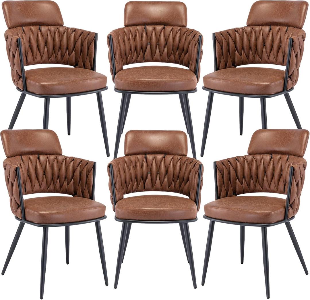 BFZ Dining Chairs Set of 6, Mid-Century Modern Dining Chair, Retro Faux Leather Kitchen Dining Room Chairs, Hand Weaving Upholstered Dining Chairs with Metal Legs for Dining Room, Kitchen, Living Room (Brown)