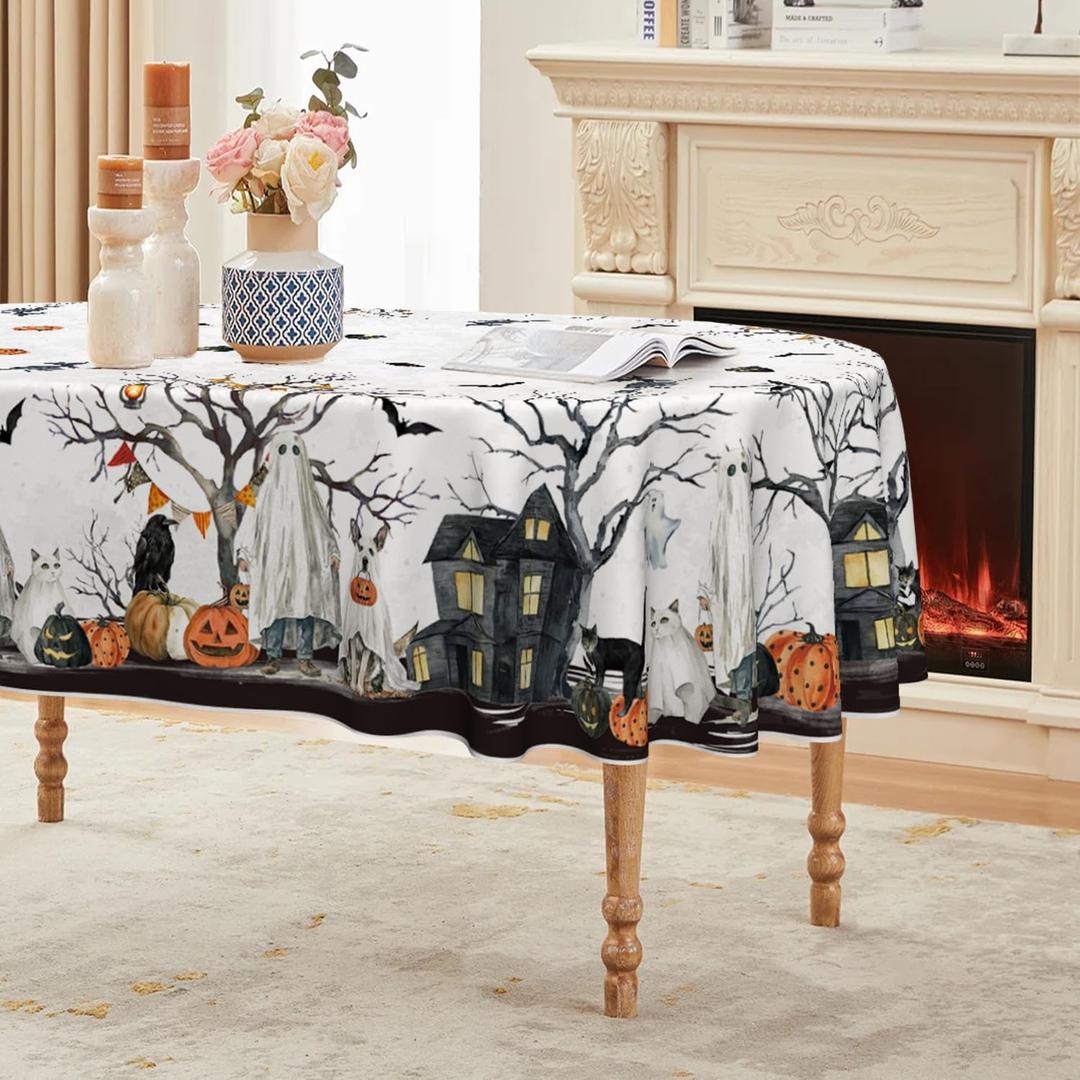 Horaldaily Halloween Tablecloth 6084 Inch Oval, Jack-O-Lantern Pumpkin Cobweb Ghost Dog Washable Table Cover for Party Picnic Dinner Decor