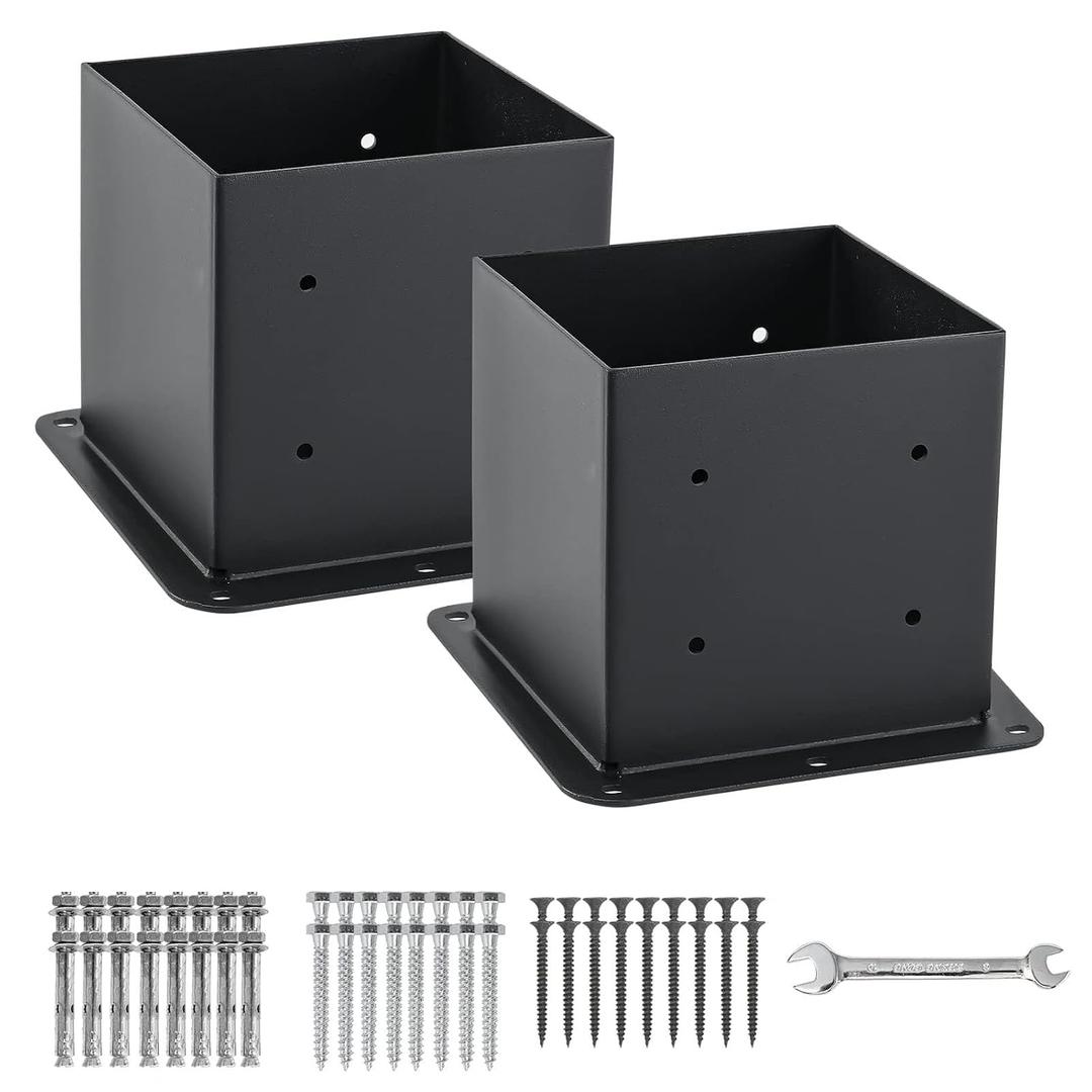 6x6 Post Base 2 Pcs, (Inner Size 5.6x5.6) Post Anchors, 13GA Thick Solid Steel & Black Powder Coated,Deck Post Brackets Support Deck Base Plate Pergola Brackets Fence Kit Mailbox Mount