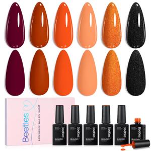 Beetles Fall Gel Polish Set - Burnt Orange Gel Polish Autumn Leaves Collection, Brown Burgundy Glitter Black Colors Nail Art Soak Off Uv LED Nail Kit Minicure DIY Home Halloween Gifts for Women