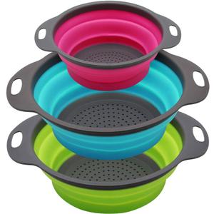 Qimh Collapsible Colander Set of 3 Round Silicone Kitchen Strainer Set - 2 pcs 4 Quart and 1 pcs 2 Quart- Perfect for Draining Pasta, Vegetable and fruit (green,blue, purple)