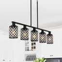 Kitchen Island Lighting,5-Light Dining Room Light Fixture Over Table,Black Linear Chandelier with Black Handmade Crystal Shade,Pendant Lighting for Kitchen Light Dining Table Living Room
