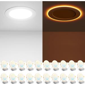 Amico 20 Pack 6 Inch 5CCT LED Recessed Ceiling Light with Night Light, 2700K/3000K/3500K/4000K/5000K Selectable Ultra-Thin Recessed Lighting, 12W=110W, 1100LM, Dimmable Canless Wafer Downlight ETL&FCC