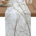 Marble Table Runner-Cotton Linen-Long 120 inches White Gray Gold Dresser Scarves, Texture Table Runner for Kitchen Coffee/Dining/Sofa/End Table Bedroom Home Living Room, Scarves Decor for Holiday Dinner