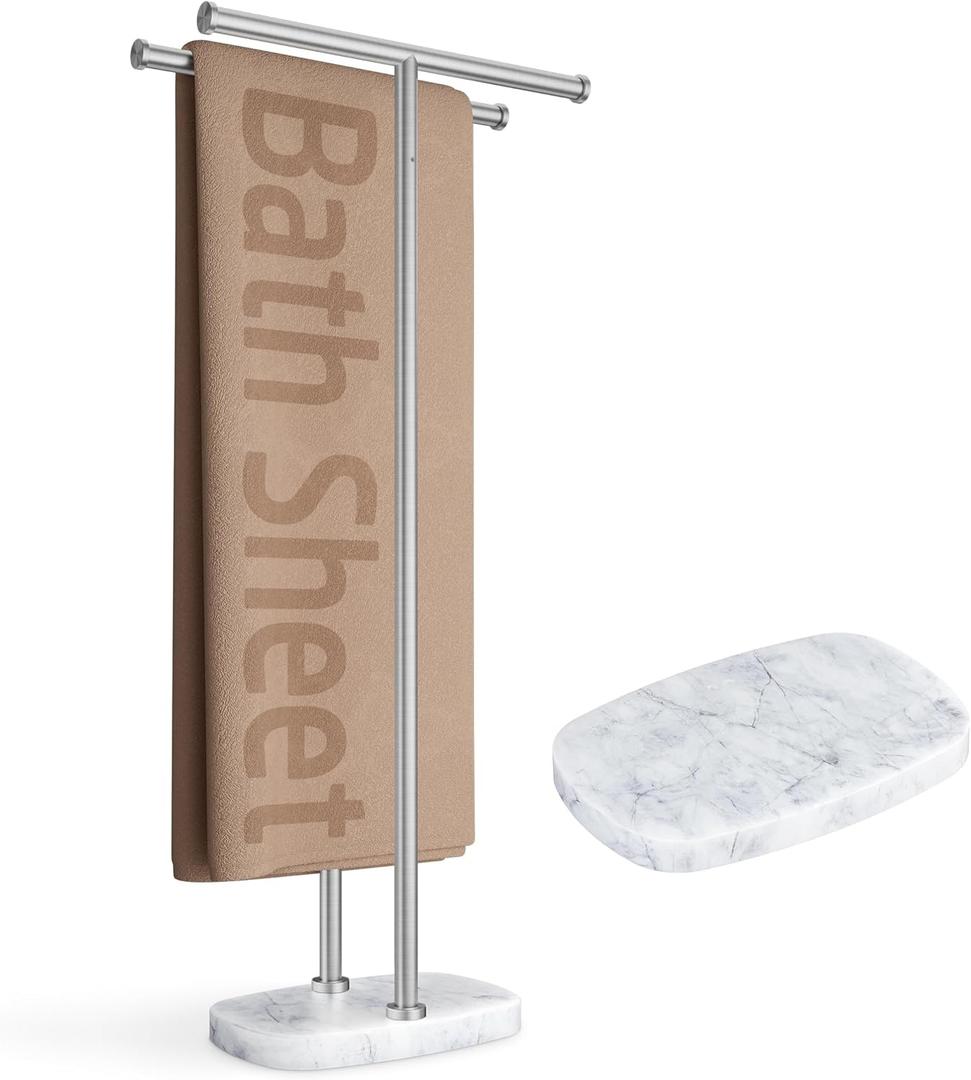 KES Free Standing Bath Towel Racks for Bathroom, 2-Tier Towel Stand for Bathroom Floor 3X Thick Natural Marble Base Oval Shape, Pro-Grade 18/8 Stainless Steel, Brushed Finish, BTH236B-2