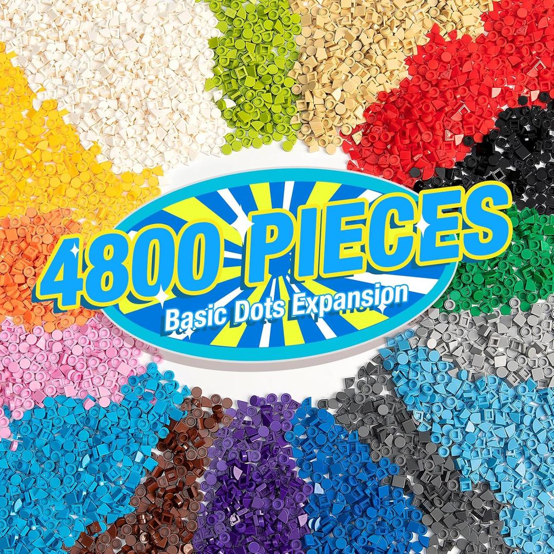 4800 Pieces Flat Parts and Pieces, 4 Sizes Classic DIY Dots Expansion Set, Building Bulk Studs Accessory for Smooth Surface - Compatible with All Major Brands, 16 Colors (Multicolored-01)