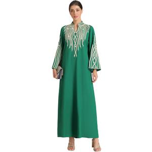 Elegant Green Abaya Kaftan Dress with Golden Embroidery Loose Fit Maxi Jalabiya Gown for Middle Eastern Party Eid (Medium)