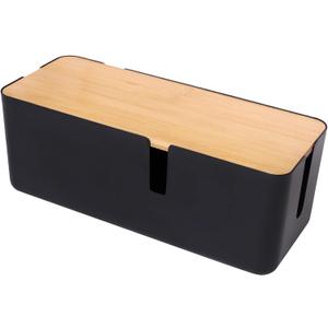 Changsuo Cable Management Box with Bamboo Lid Small Cable Organizer Box for Extension Cord Power Stripe Surge Protector Wire Management Concealer Organizer Cover Hider (Black)