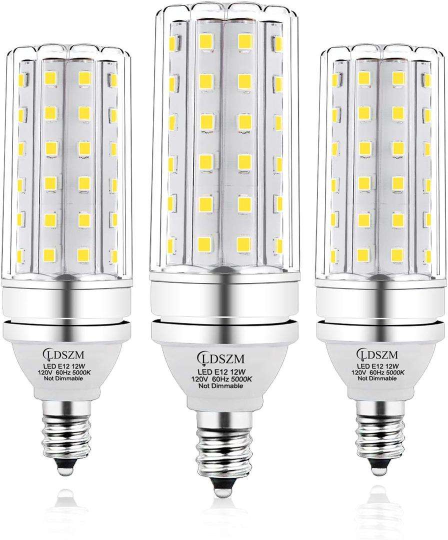 E12 LED Corn Light Bulb, 12W Equivalent 100W, 1200 Lumen Daylight 5000K, Non-Dimmable Candelabra Base Chandelier Light Bulbs, Pack of 3