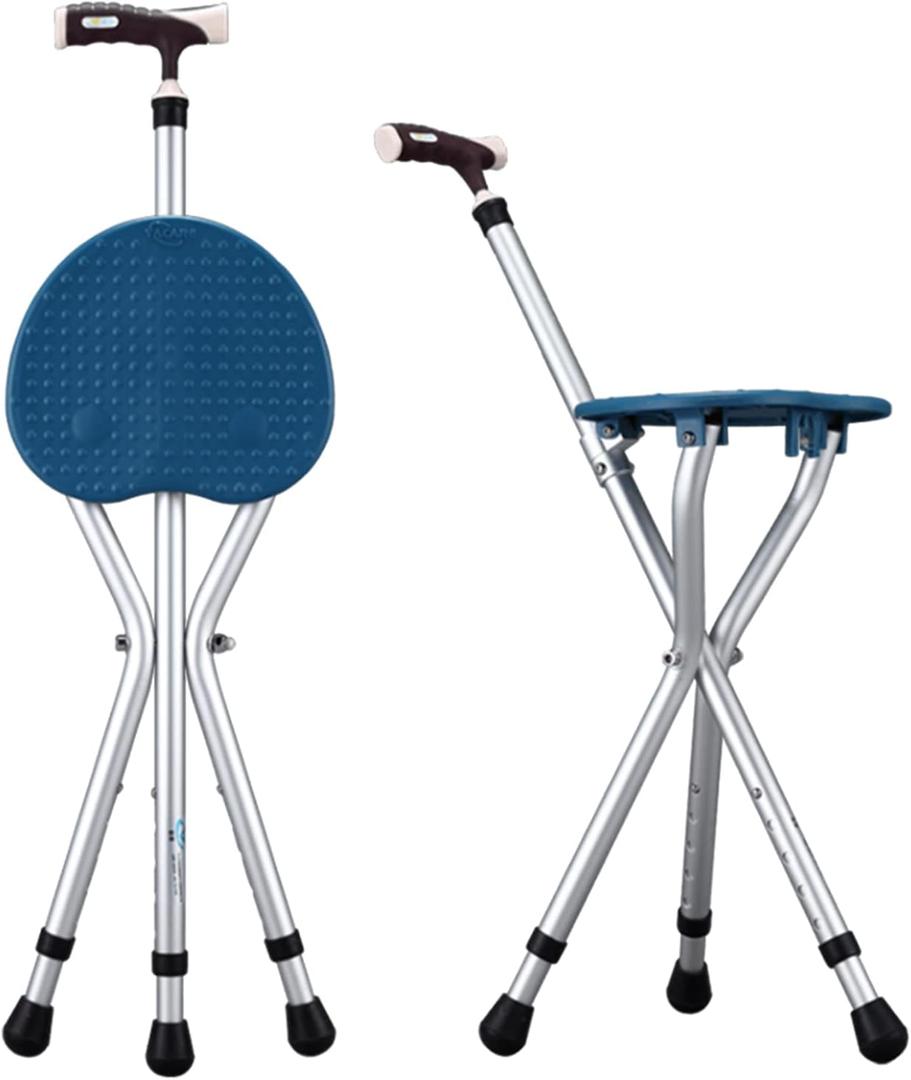 Yayayo Walking Cane with Seat Aluminum Alloy Portable LED Floding Chair for Seniors Adult Height Adjustable Heavy Stick Stool for Elderly Gift Blue