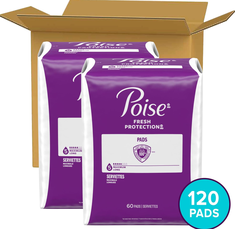 Poise Incontinence Pads & Postpartum Incontinence Pads, 5 Drop Maximum Absorbency, Long Length, 120 Count (2 Packs of 60), Packaging May Vary