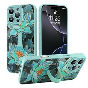 MOWIME Compatible with iPhone 16 Pro Max Case with Finger Strap, Lotus Floral Shockproof Soft TPU Protective Cover for Women Girls, Slim Anti Scratch Case for iPhone 16 Pro Max 6.9 Inch, Green