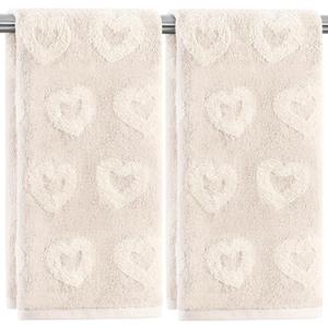 Quera 2 Pack Valentine's Day Hand Towels Beige Heart 3D Embroidered Cotton Bathroom Decorative Towels Set for Drying, Cleaning, Cooking, Holiday 13.7'' x 29.5''