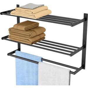 Towel Racks for Bathroom Wall Mounted 24", 3 Tier Bathroom Towel Shelf with Double Towel Bar, Stainless Steel Towel Rack with Towel Shelf, Towel Hanger Holder for Bathroom Towel Storage, Black