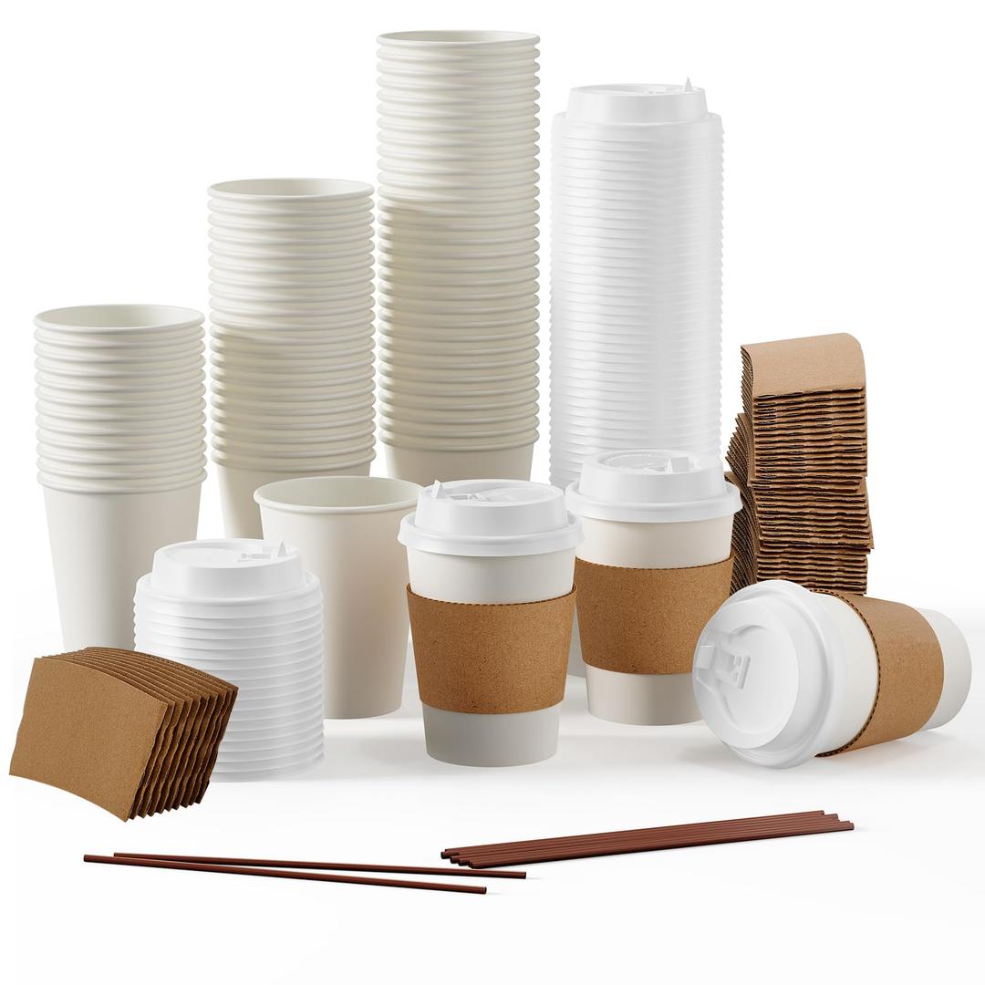JOLLY PARTY Disposable Coffee Lids, Sleeves and Straws, Hot Cold Beverage