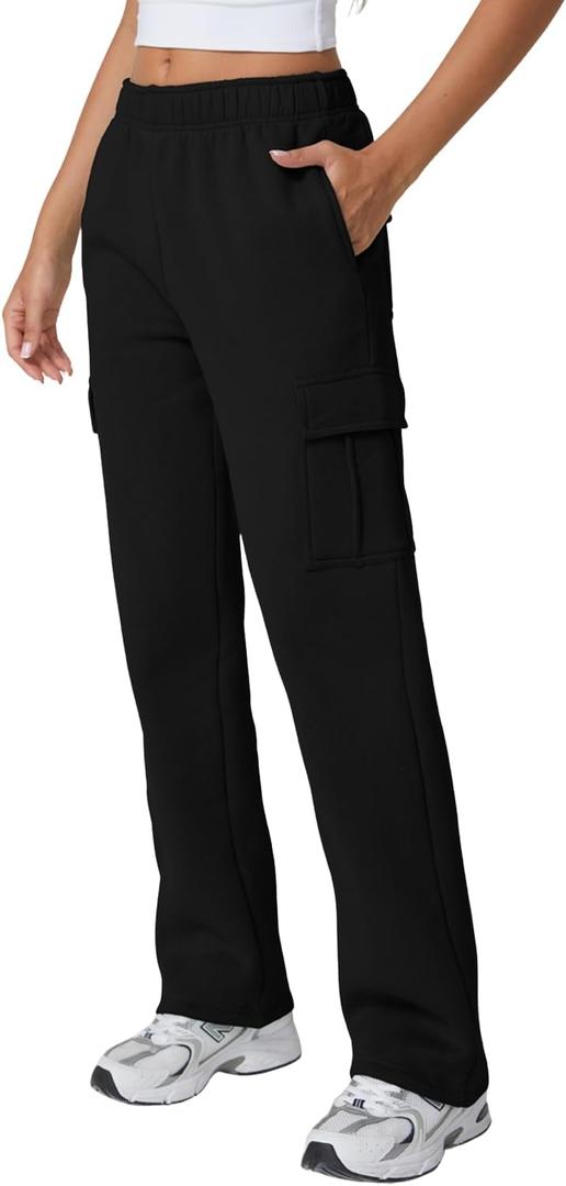 QINSEN Womens Medium Waist Baggy Elastic Waist Sweatpants Casual Fleece Long Pants with Pockets (Small, Black)