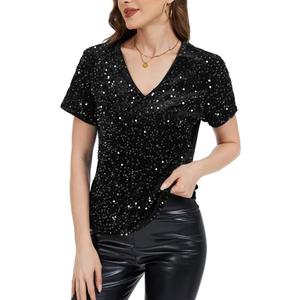 MINTLIMIT Womens Sequin Tops Velvet Glitter Party Shirt Short Sleeve Sparkle Blouses V-Neck Loose Summer Shimmer Shirts, M