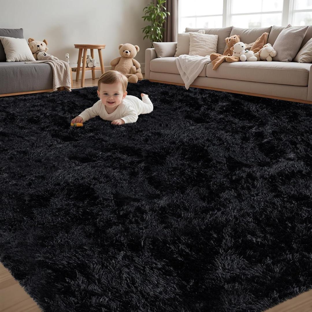 8x10 Area Rug for Living Room: Ultra Soft Fluffy Shag Black Rugs, Large Fuzzy Plush Indoor Non Slip Carpet Washable Rug for Bedroom Kids Nursery Office Dorm Modern Decor(Black)