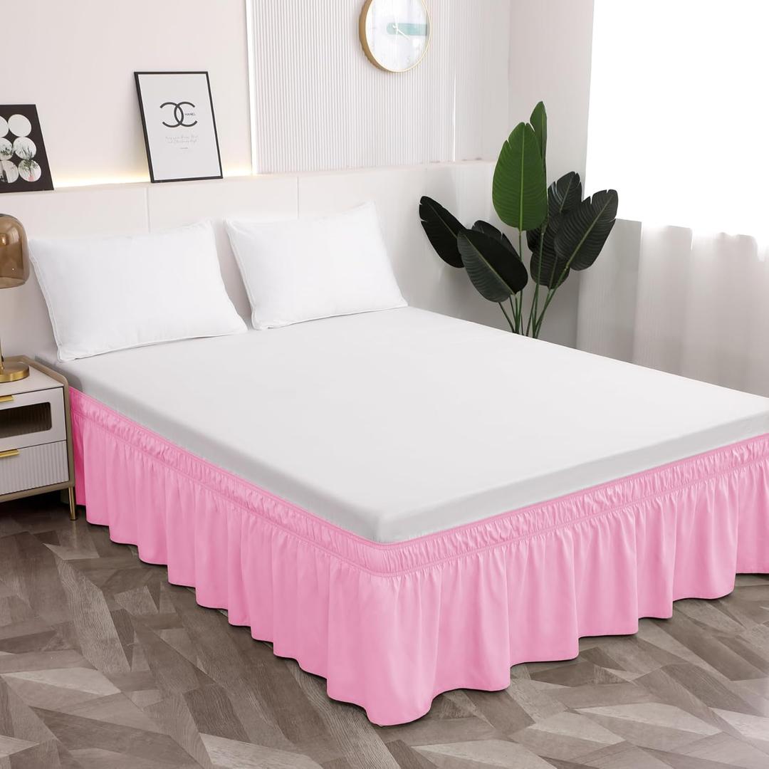 Toodou Wrap Around Ruffled Twin Bed Skirt with Elastic Belt, Pink Bedskirt 16 Inch Drop Easy to Put On