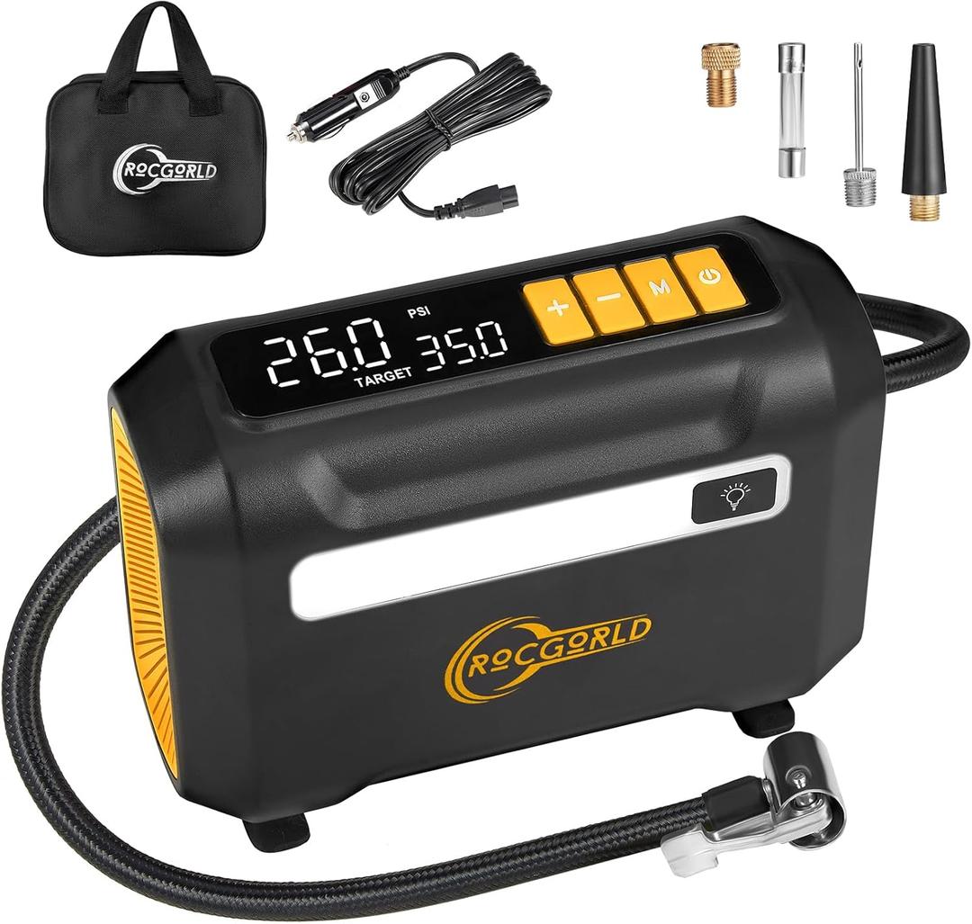 R8 Tire Inflator Portable Air Compressor, DC 12V Portable Air Compressor with Large Dual Digital Screen, 3X Faster Inflation Portable Air Pump for Car Tires, Bike, Motor - Car Accessories (Yellow)