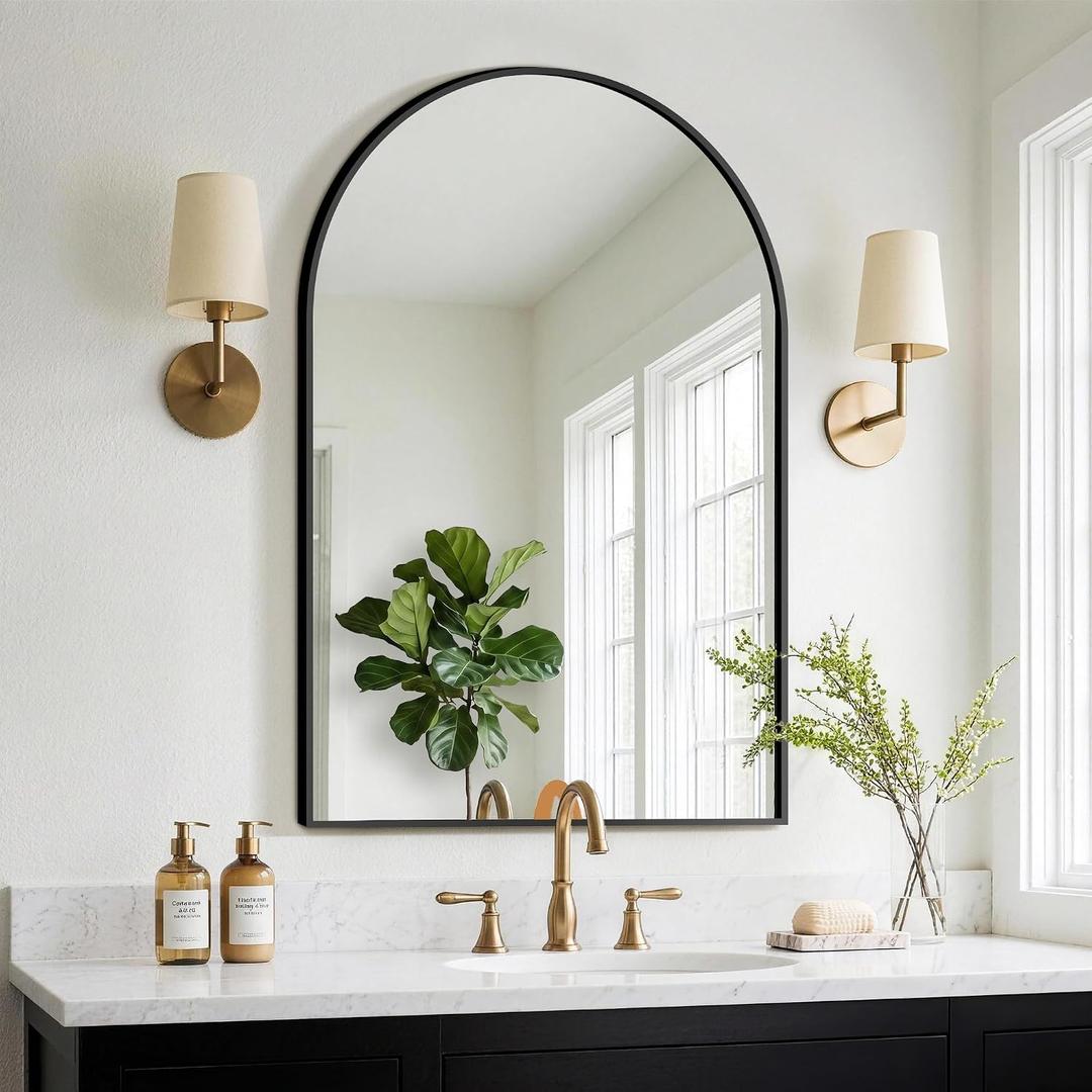 Arched Bathroom Mirror for Wall, 38"x26" Black Vanity Bathroom Mirror for Over Sink with Tempered Glass, Metal Framed Arch Mirror for Bedroom, Living Room, Entryway