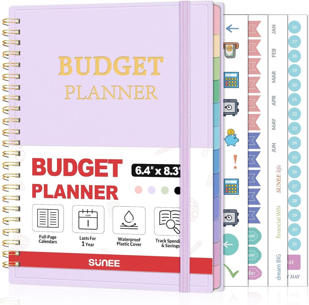 SUNEE Budget Planner - Monthly Budget Book with Expense Tracker Notebook, Undated 12 Month Bill Organizer & Finance Planner to Manage Your Money, A5(6.4" x 8.3") Account Book with Colorful Tab, Purple