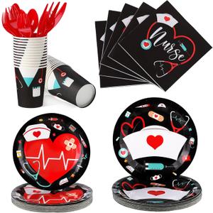 Yisong 168 Pcs Nurse Graduation Party Decorations, Doctor Medical Birthday Tableware Set 24 Guests Dinner Dessert Plates Cups Napkins for Doctors Day Nursing School Office Party Supplies(Black)