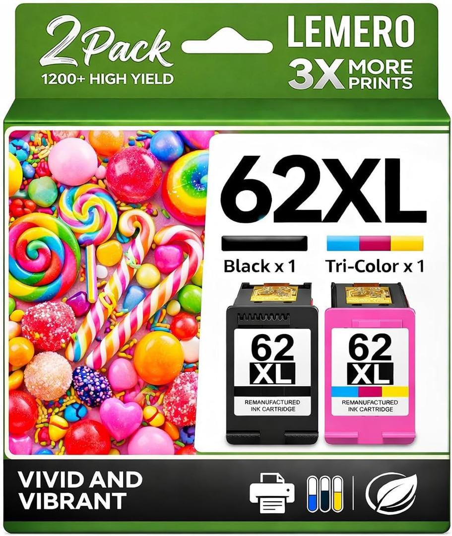 LEMERO 62XL Ink Cartridges Remanufactured Ink Cartridge Replacement for HP 62XL Ink Cartridge Combo Pack for HP Ink 62 use with Envy 7640 5660 5540 7645 5746 OfficeJet 250 200 5740 Mobile Printer