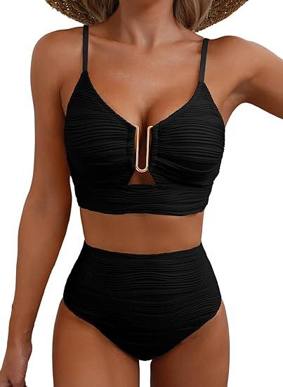 Herseas 2 Piece Bikini Set U-Wire Cutout Popular Swimsuit High Waisted Textured 2026 Summer Beach Swim Bathing Suits, Large
