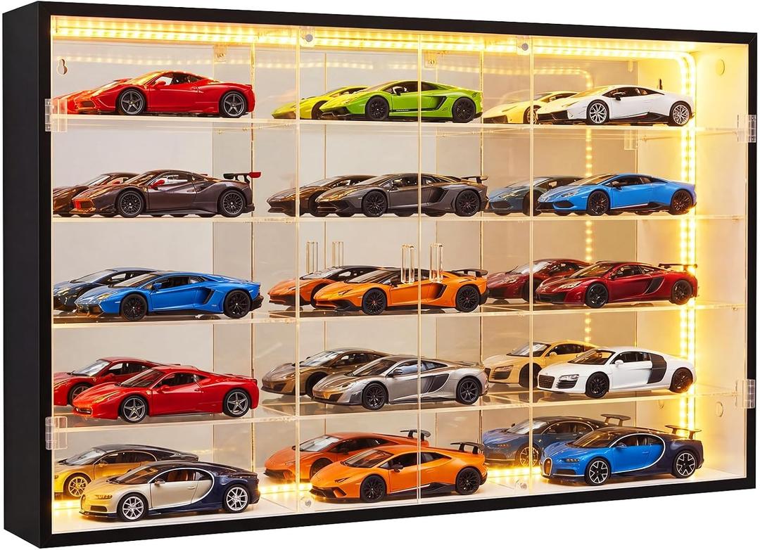 Juexica 1:24 Diecast Car Display Case, Acrylic 15 Grids Storage Cabinet with 3-Color Dimmable LED Lights, Wall Mounted Dustproof Showcase for Model Cars