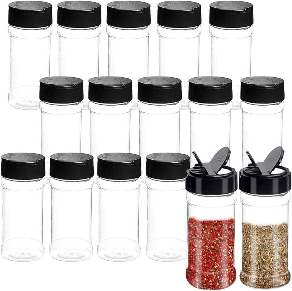 Qiuttnqn 16 PCS 3.5oz Plastic Seasoning Containers with Black Screw Lids to Pour or Shake,Portable Empty Clear Spice Jars,Storage Seasoning Containers for Spice,Powders,Peppers