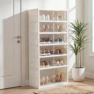 GOFLAME Foldable Shoe Rack Organizer, 6-Tier 12 Pairs Collapsible Shoe Cabinet with Magnetic Clear Doors, Portable Shoe Storage Box, Stackable Shoe Shelf for Closet, Entryway, Easy Assembly