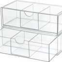 Set of 2 Stackable Storage Drawers - 7.8" Clear Plastic Drawer Storage, Acrylic Makeup Organizer, Desk Counter Cabinet Office Organizer, Bathroom Organizers and Storage (3 Grid/Set of 2)