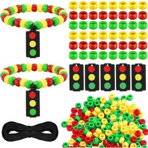 Cunno 24 Sets Traffic Light Craft Kit Red Green Yellow Bead Bracelet DIY Christian Jewelry with Wooden Stop Light Pendant for Sunday Party Favors