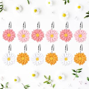 Whaline 12Pcs Spring Shower Curtain Hooks 4 Colors Daisy Flower Curtain Rings Floral Decorative Curtain Hanger Hooks for Living Room Bedroom Bathroom Decor