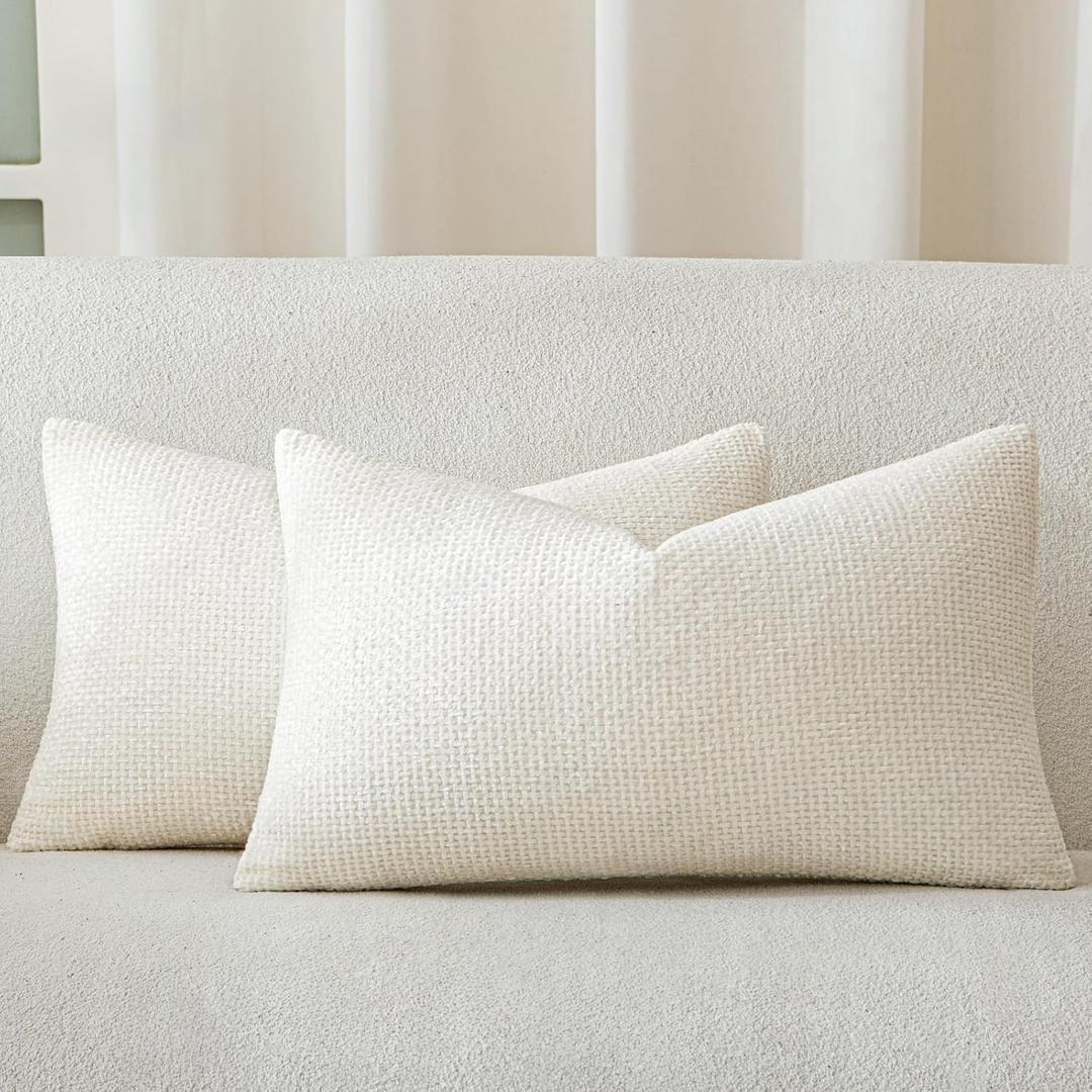 a moment Off White Chenille Throw Pillow Covers 12x20 Inch Pack of 2 Modern Decorative Throw Pillow Covers Farmhouse Cross Throw Pillowcases Home Decor for Sofa Bedroom Living Room, Off White