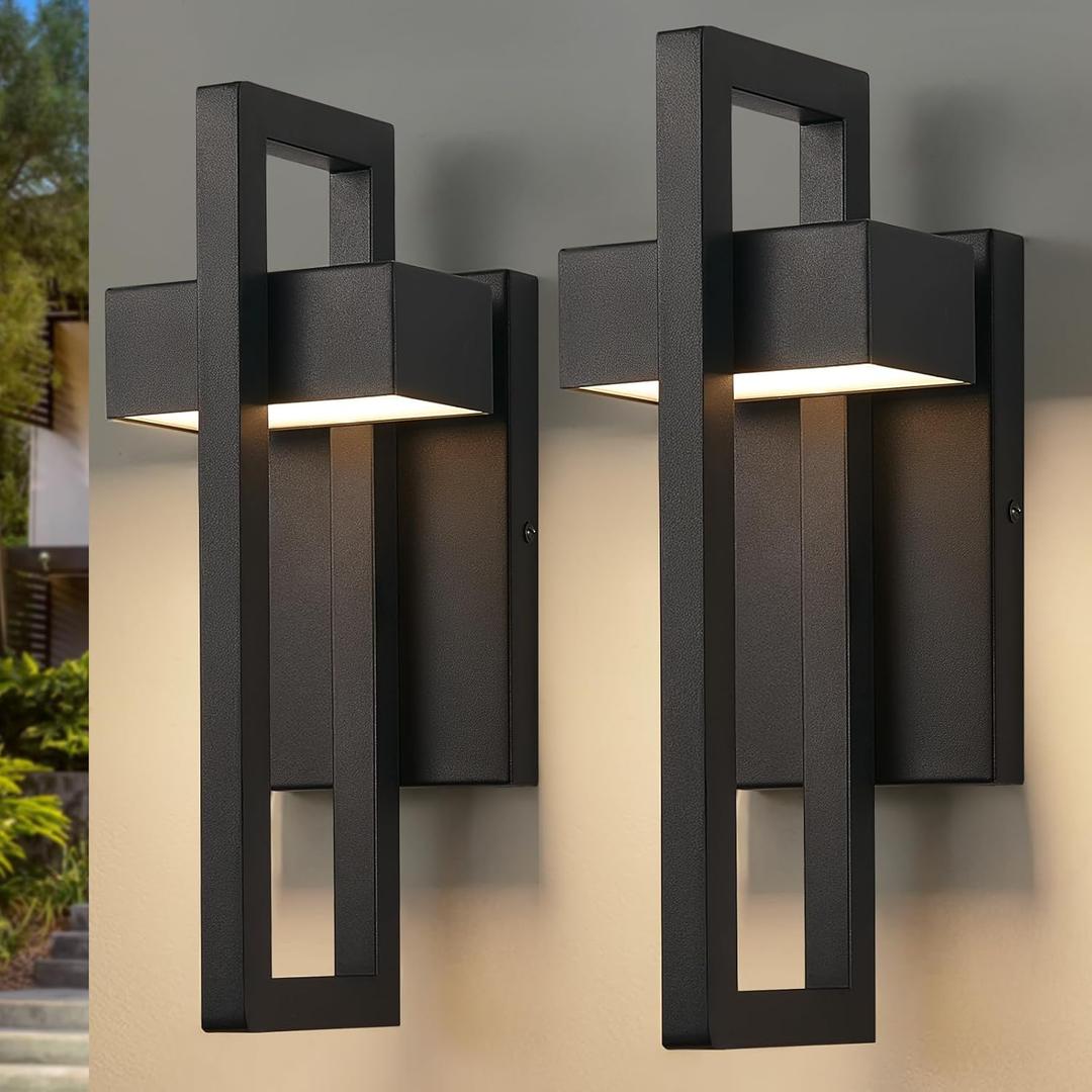 tewei 16.5'' Modern LED Outdoor Wall Sconce, Integrated LED Outdoor Light Fixtures Wall Mount Exterior Lights, Black Front Porch Outside Lighting for House, Backyard, Warm White 3000K, 2 Pack (Black - No Sensor)