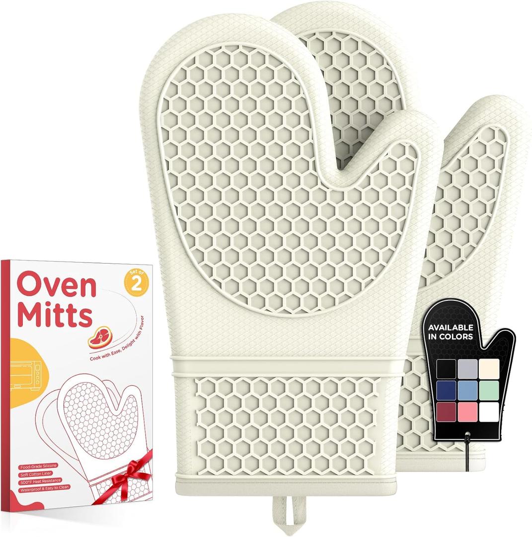 Kitsure Silicone Oven Mitts, Set of 2, Heat Resistant, Oven Gloves with Soft Lining, Non-Slip Kitchen Essentials, Kitchen Gadgets, Apartment Essentials, Great Gift for Cooking, Baking, Beige (11.42"x7.09")