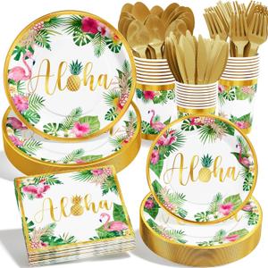 Ecomore Hawaiian Luau Party Decorations Supplies - 175 PCS Aloha Tropical Birthday Disposable Dinnerware Set (25 Guest) Paper Plates Cup Napkin Plastic Fork Knives Spoon for Summer Holiday Beach(Gold)