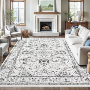 Madane 8x10 Area Rugs for Living Room, Vintage Washable Rug with Non-Slip Backing, Soft Floral Print Large Foldable Thin Floor Carpet for Bedroom Dining Room, Iron Gray/Ivory