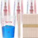 50 Pack Plastic Mixing Cups, 20 oz (600ml), Disposable Measuring Cups with 50 Wooden Mixing Sticks, Measurement ratios: 2:1, 3:1, 4:1, Suitable for Epoxy Resin, Liquid Measuring, and Paint