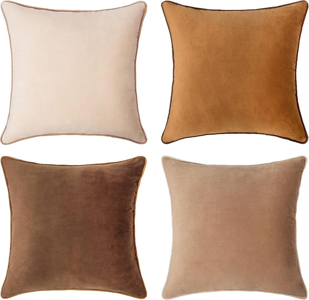 MONDAY MOOSE Decorative Throw Pillow Covers Cushion Cases, Set of 4 Soft Velvet Modern Double-Sided Designs, Mix and Match for Home Decor, Pillow Inserts Not Included (14x14 inch, Brown/Beige)