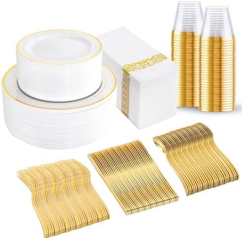 bUCLA 350PCS Gold Plastic Dinnerware Set - Gold Disposable Dinnerware for 50 Guests, Includes 50 Dinner Plates, 50 Dessert Plates, 50 Forks, 50 Knives, 50 Spoons, 50 Cups & 50 Napkins for Party