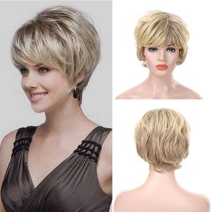 Short Wigs for Middle Age Women Black Mixed Blonde Pixie Cut Wig with Bangs Natural Heat Resistant Wigs for White Women