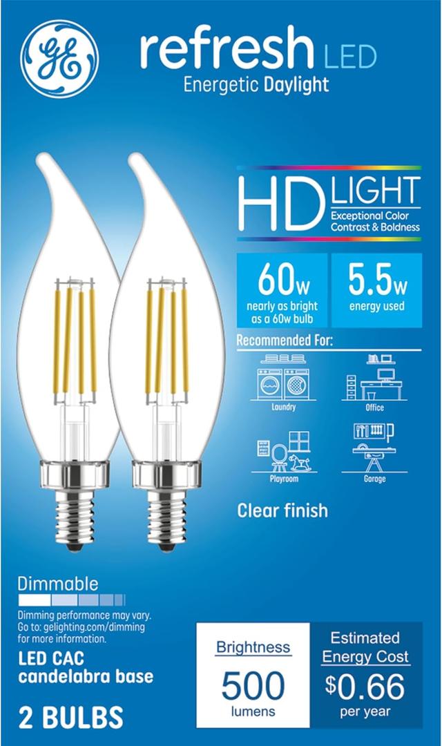 GE Refresh HD LED Light Bulbs, 60 Watt, Daylight, Decorative Bulbs, Clear, Small Base (2 Pack) (2 Count (Pack of 1))