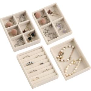 Frebeauty Small Jewelry Tray Set,Stackable Velvet Jewelry Organizer Tray,Mini Jewelry Drawer Organizer,Drawer Inserts,4.92 x 3.74 x 0.9 Inches,Earring Organizer for Women(Set 4,Beige)